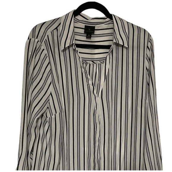 Worthington Woman's XL Black White Striped Blouse Button Front Long Sleeve - Picture 1 of 9